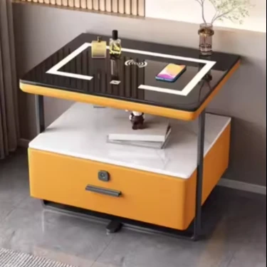 Solid Wood Modern Luxury Wireless Charging Smart Bedroom Nightstand with Fingerprint Lock and Glass Panel