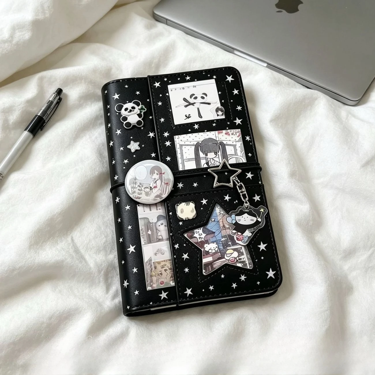 A6 Retro White Polka Dots Black Star With 45 Sheets Inner Page DIY PU Clip-on Notebook Loose Leaf Notebook