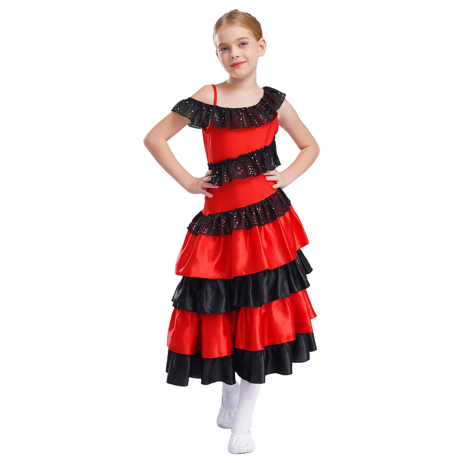 Disfraz de Flamenco para niñas, bailarina española de satén, falda con volantes escalonados y círculo completo, vestido elegante de baile para Festival gitano de Halloween