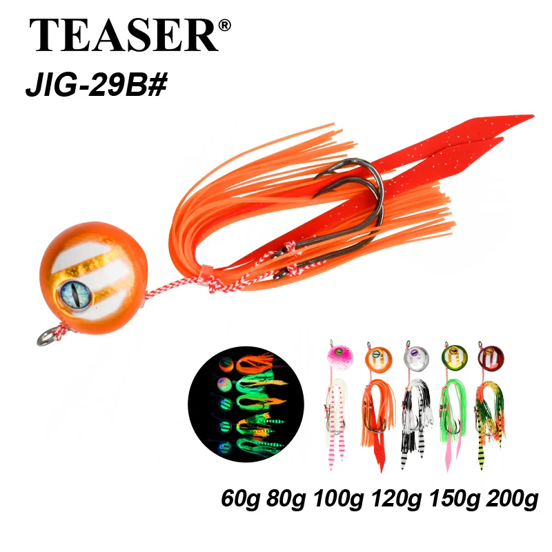 TEASER J29B Round Flame Moon Tybara Eisenplattenköder, geschnurrter Doppelhaken, Meeresangeln für echte Seebraste und Seebarsch