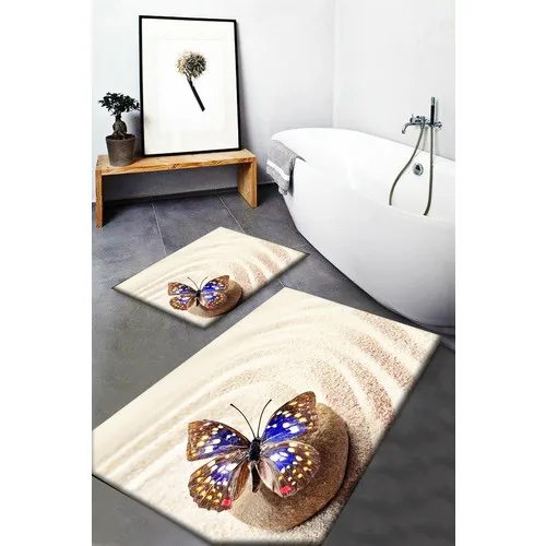 Else Carpet Else Blue Sand Butterfly Pattern Washable Anti-Slip Soles 2li Bath Mat Doormat Toilet Seat Pad