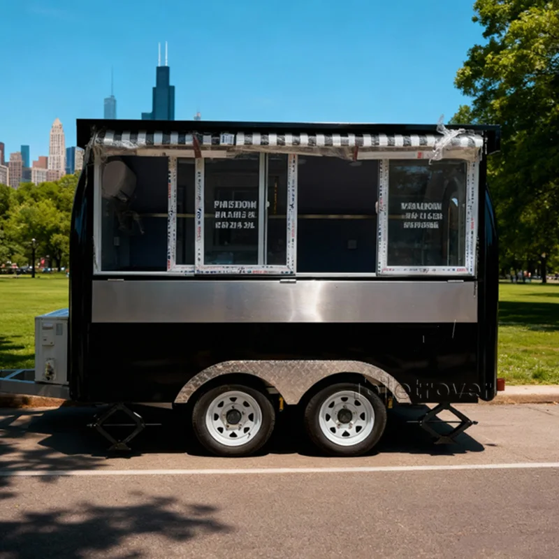 

Street Mobile Black Food Truck Waffle Ice Cream Crepe Dessert Pancake Donut Food Trailer with Full Kitchen