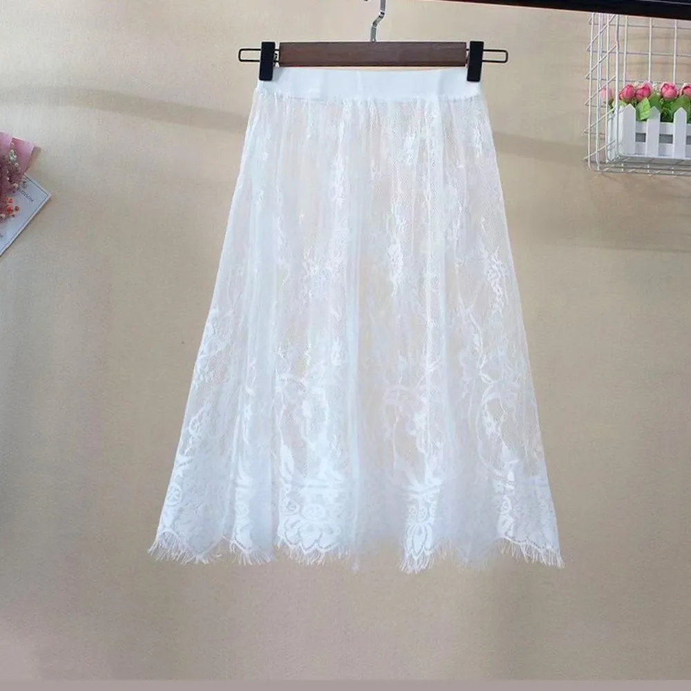 

Fashion Transparent Sexy Lace Mesh Skirt Elegant Lace Midi Skirt Elastic High Waist 2 Length Womens Skirt Ladies