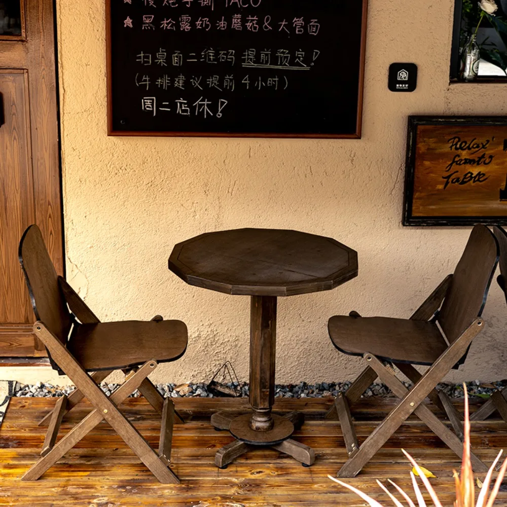 Mesa Retro de madera maciza para balcón, silla con respaldo plegable para interiores y exteriores, pequeño apartamento, café redondo