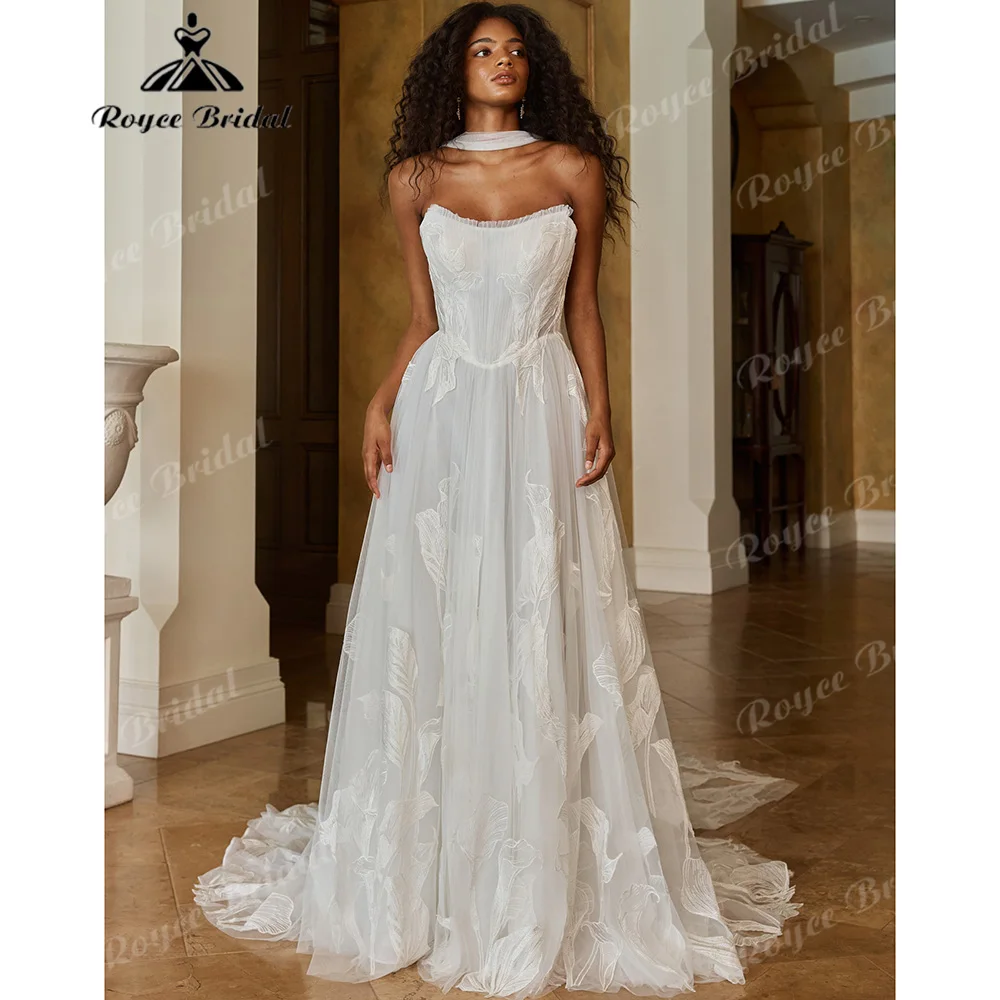 2027 Strapless A‑Line Wedding Dress Pleated Tulle Bodice Large Leaf Lace Appliques Corset Lace‑Up Back  Bridal Gown Customized