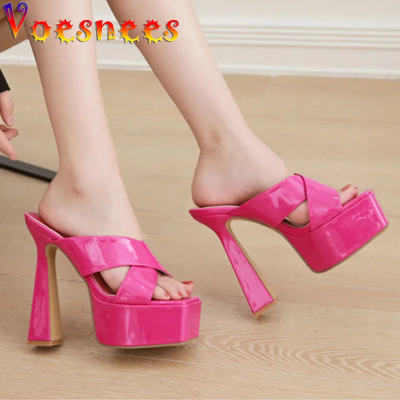 Summer New High Heels Slippers Square Head Platform Women Sandals Thick-heeled Patent Leather Cross Band Outdoors Casual Shoes