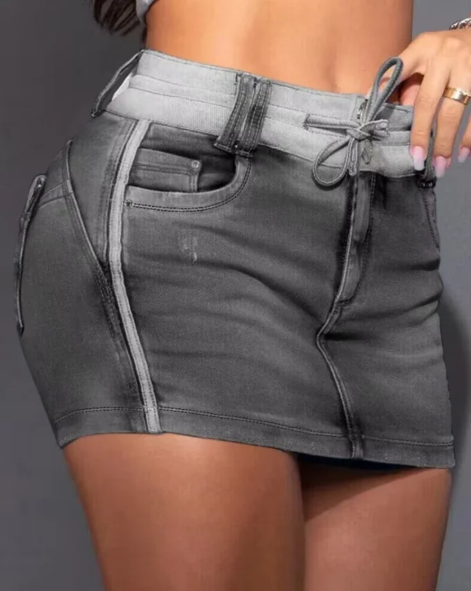 

Fashion Casual Womens Shorts Contrast Binding Ripped Drawstring High Waist Denim Skorts Streetwear Female Clothing 2024 Summer