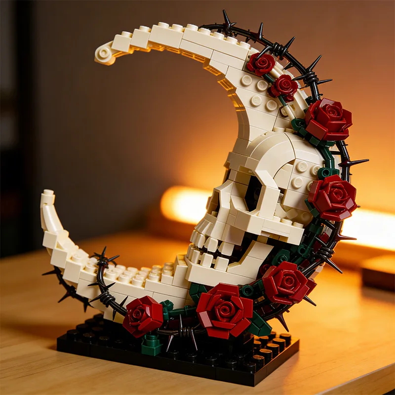 

Новый конструктор Moc Dark Moon Skull Flower, 439 деталей, коллекционная серия, украшение в виде черепа, подарок для детей