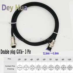 Conector de aire de doble enchufe, Cable de alimentación de 0,3 M, 1M, 2M, 3M, GX16-2, 3, 4, 5, 6, 7, 8, 9, 10 pines tamaño de la cabeza hembra 12,5 MM