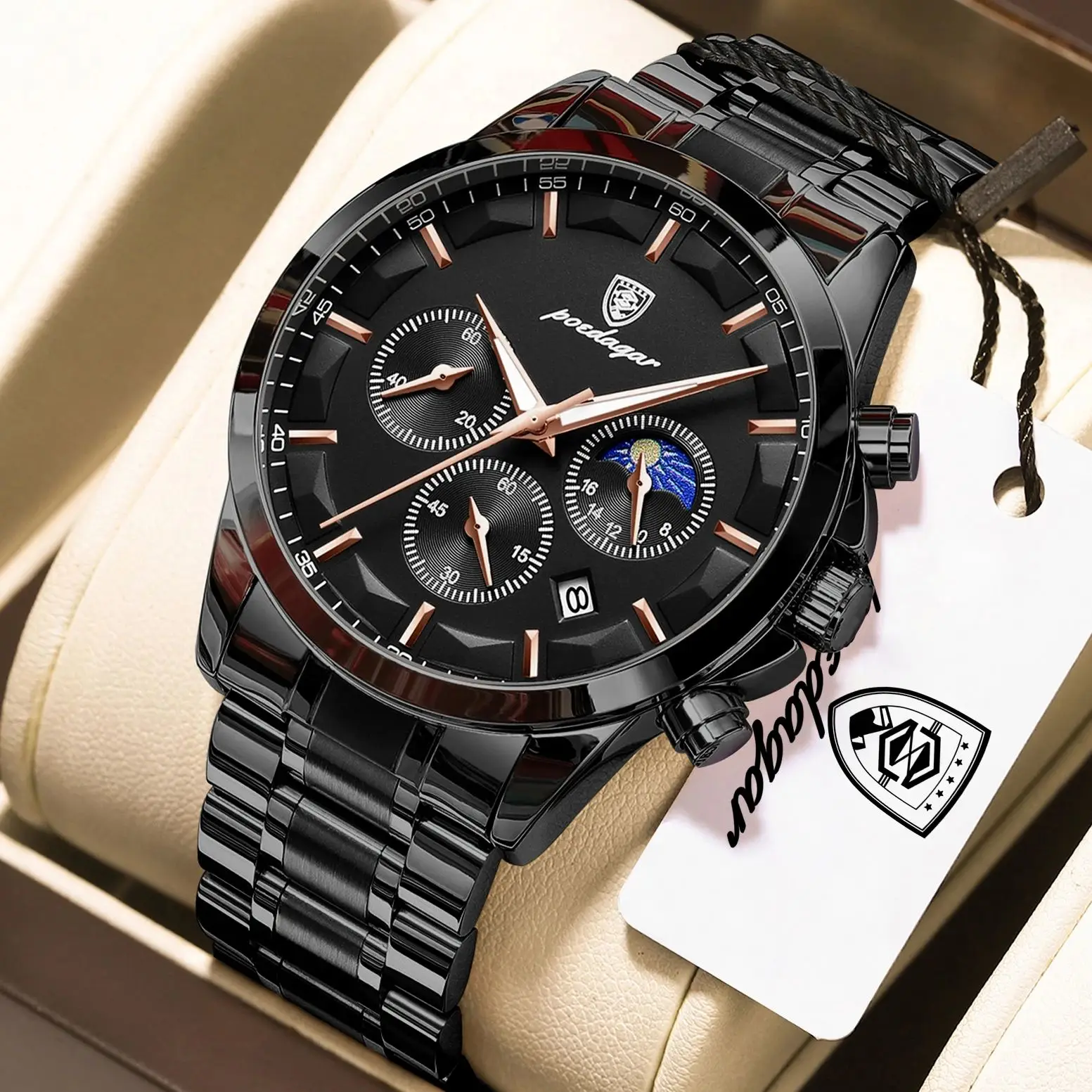 POEDAGAR Top Business Men's Watches Waterproof Luminous Stainless Steel Fashion Men Wristwatch Chronograph Date Man Quartz Watch