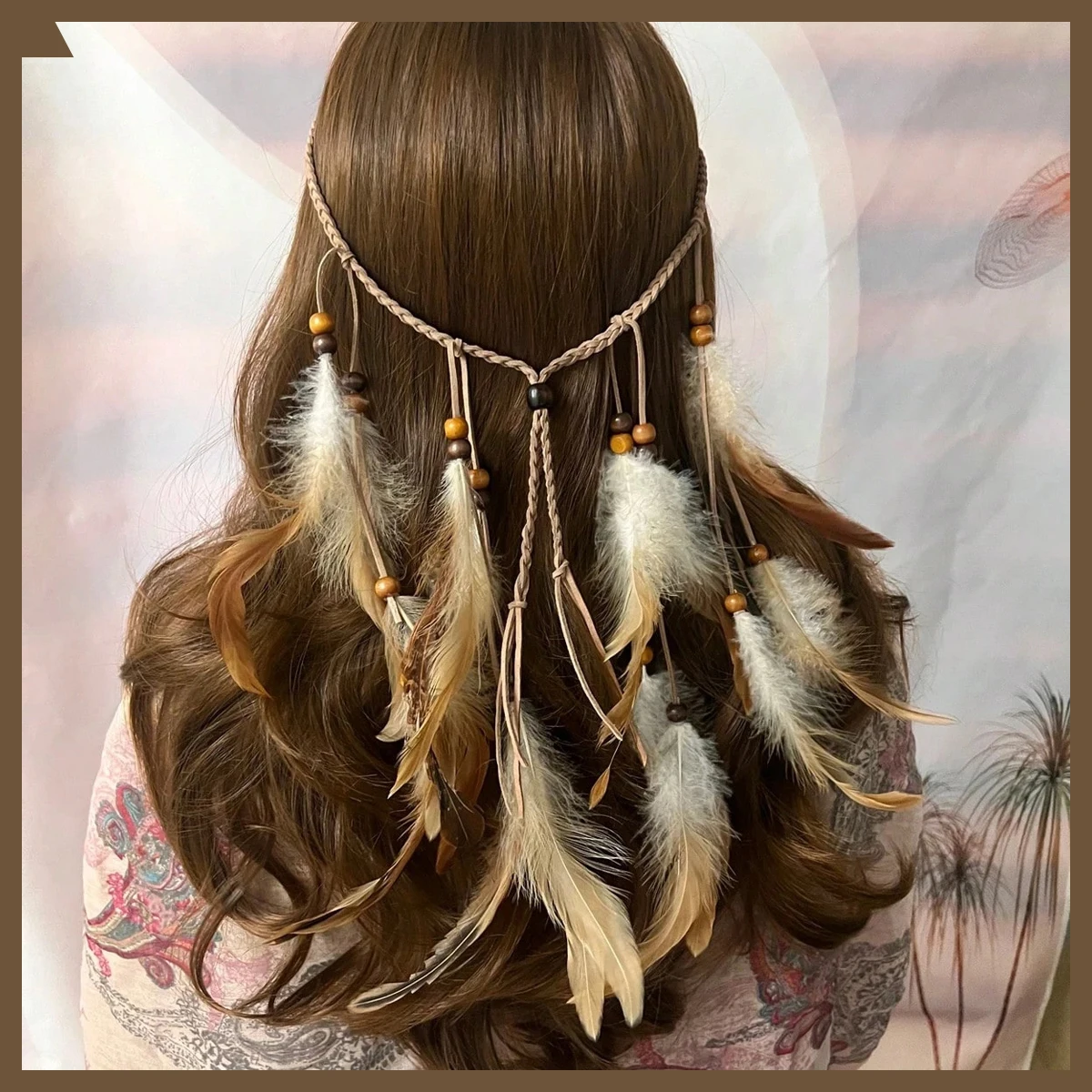 Diadema Bohemia con Plumas y Cuentas, Ajustable, Estilo Hippie, Accesorio para el Cabello para Festivales, Cosplay y Fiestas