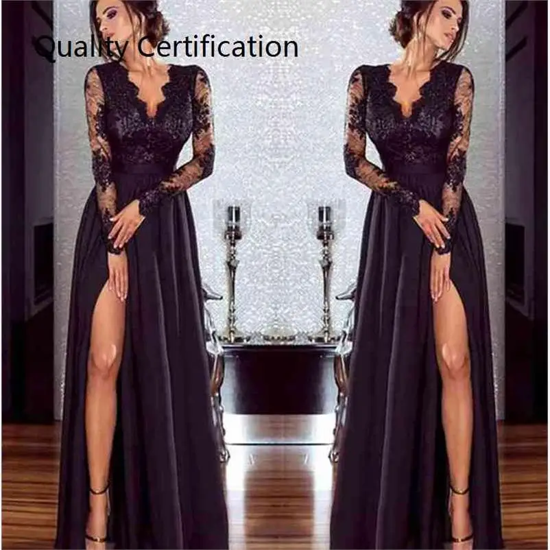 

Sexy Long Skirt Color Lace Evening Dr Street Sle Midi Waist Regular Sve Long Sve V Ne Color 2020 Autumn Fa...