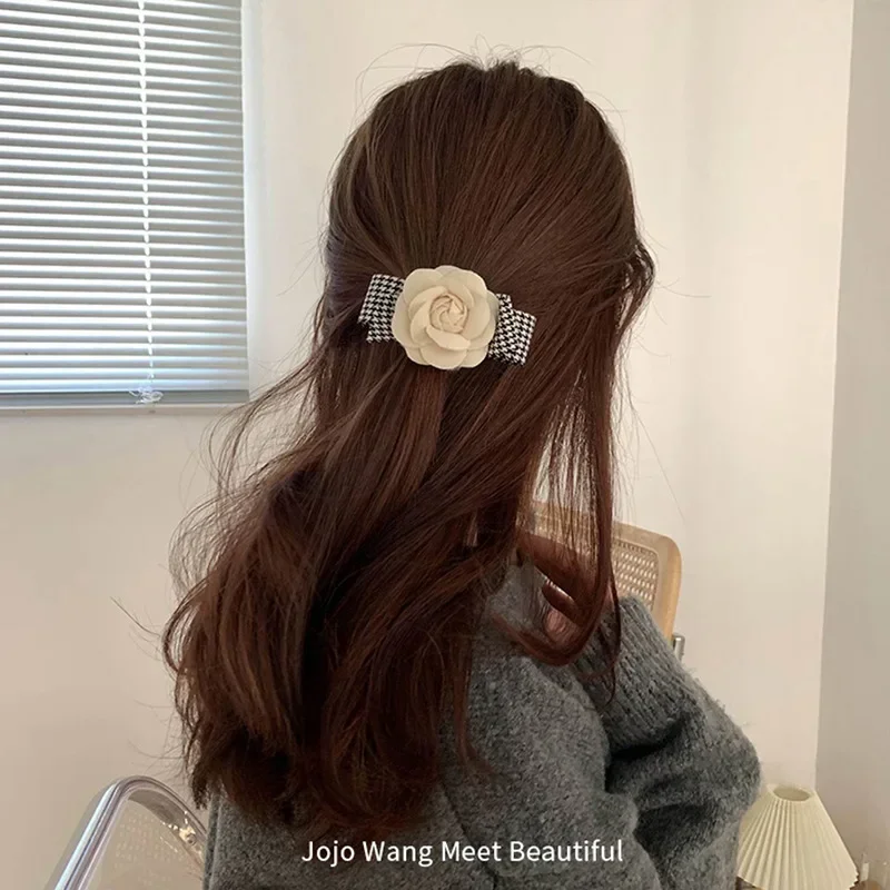 Korean Fashon Camellia Flower Houndstooth Lattice Back of Head Hairpin Big BB Bangs Clip Large Intestine Circle Hair Accessories