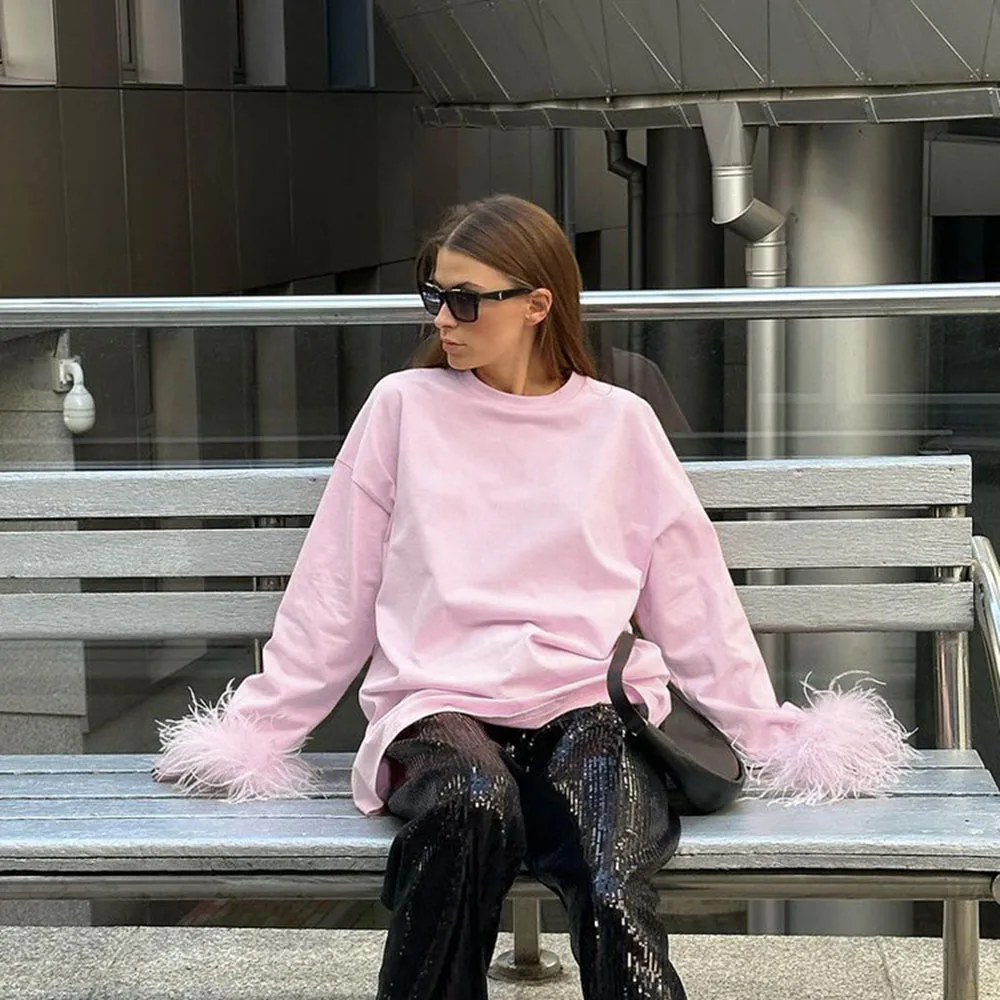 AW Casual Loose Pink Cotton Women's Top Fashion O-Neck Feather Long Sleeve T Shirt Elegant Classic Tee Top Female Clothing