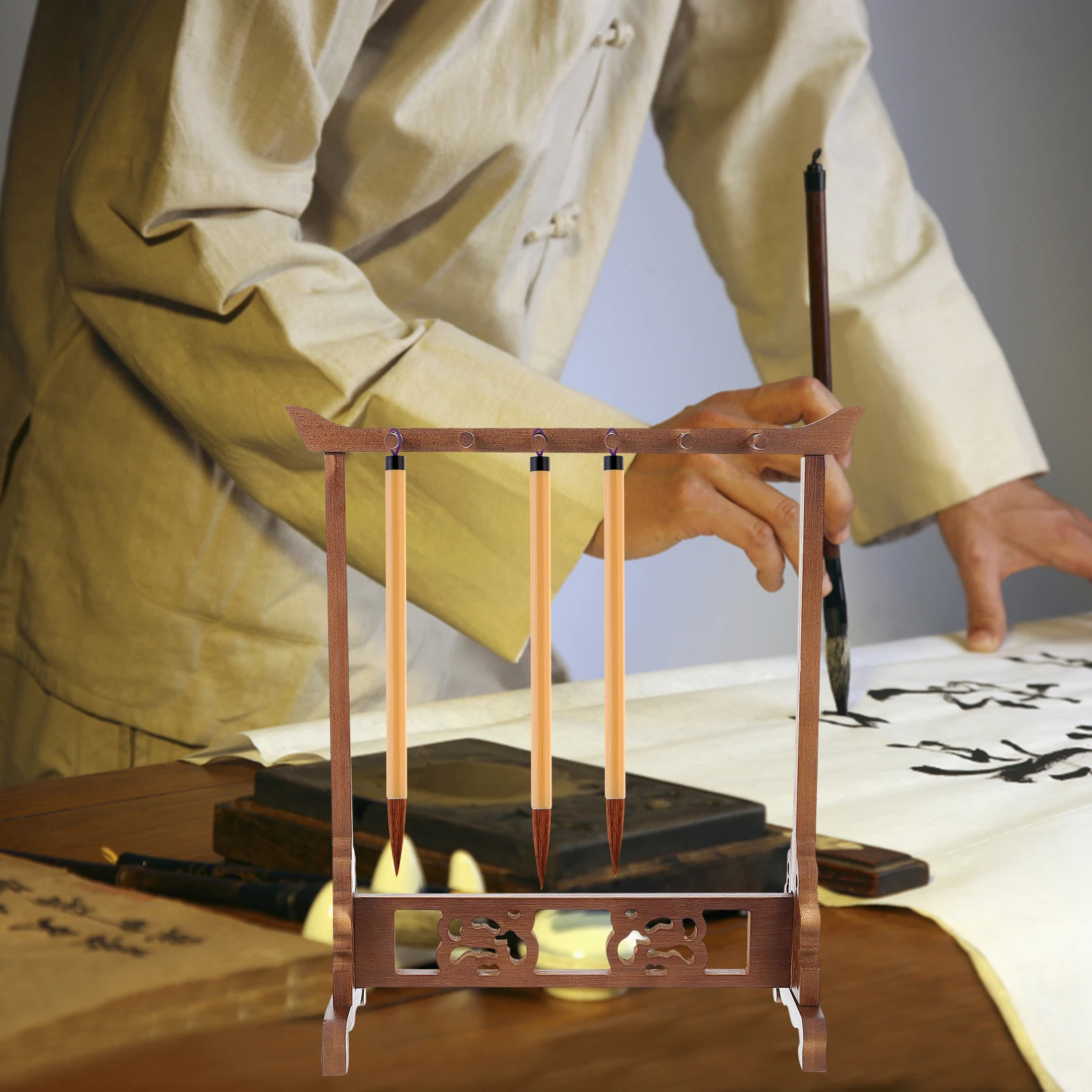 

Bamboo Pen Holder Brush Hanging Rack Multi functional Desk ganizer Simple Design Storage Solution Desk Decor