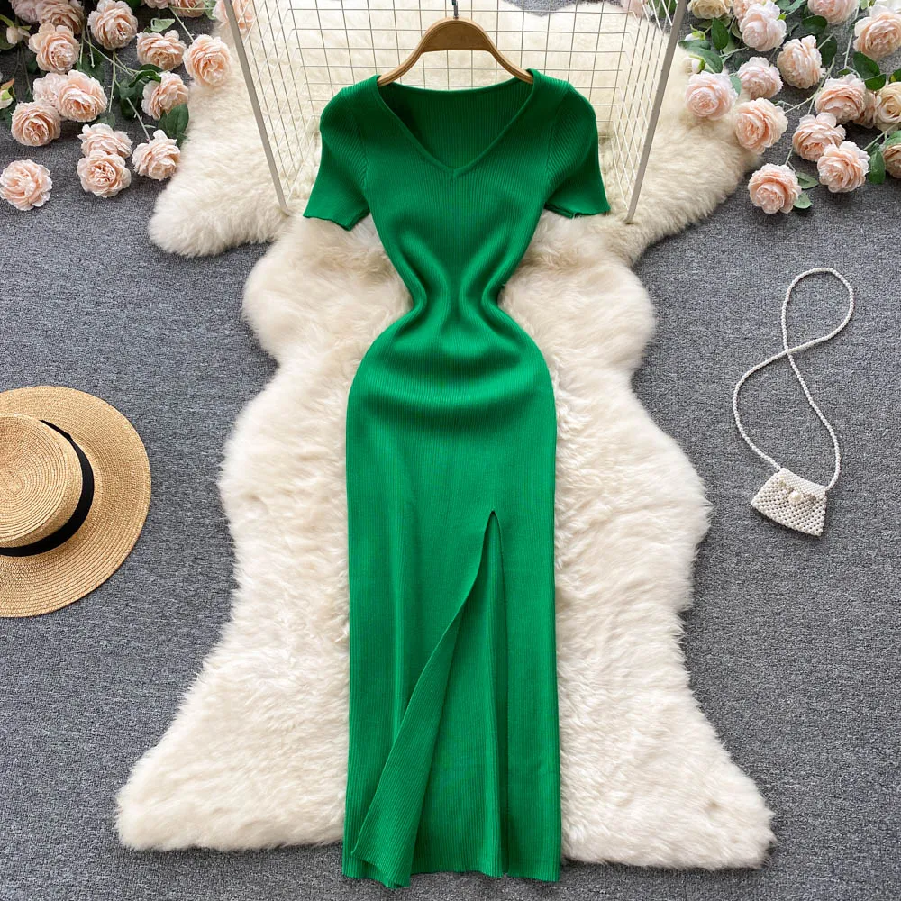 Sexy Elastic Knit Split Bodycon Dress Short Sleeve V Neck Women Elegant Korean Fashion Vestidos Summer Slim Wrap Pencil Dress