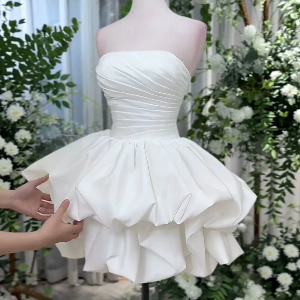 Strapless Satin Short Wedding Dress Ruched Bodice Ruffle Mini Bridal Gown White Puffy Skirt Homecoming Party Dresses For Women