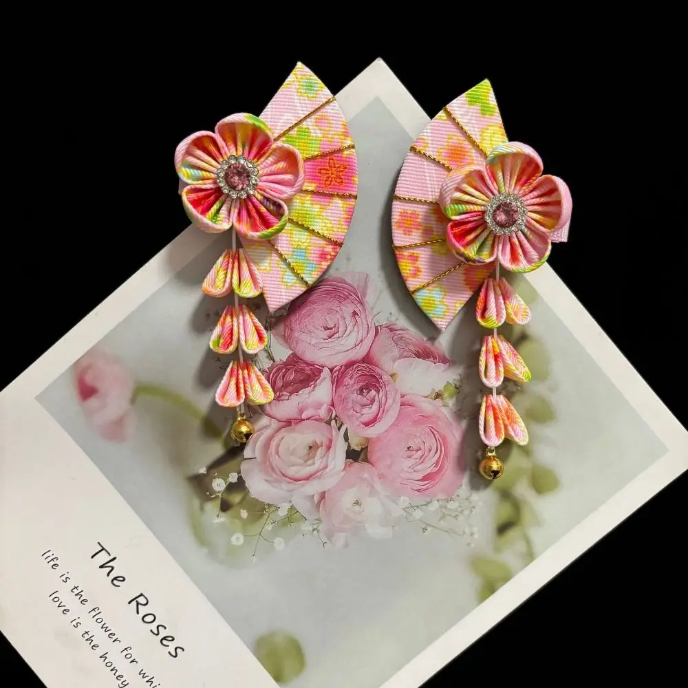 

Кимоно Sweet Bell, заколка для волос Сакура, цветок сакуры, кисточка, веер, заколка для волос, тканевая заколка для волос в древнем стиле, заколка для волос Hanfu, детская заколка для волос