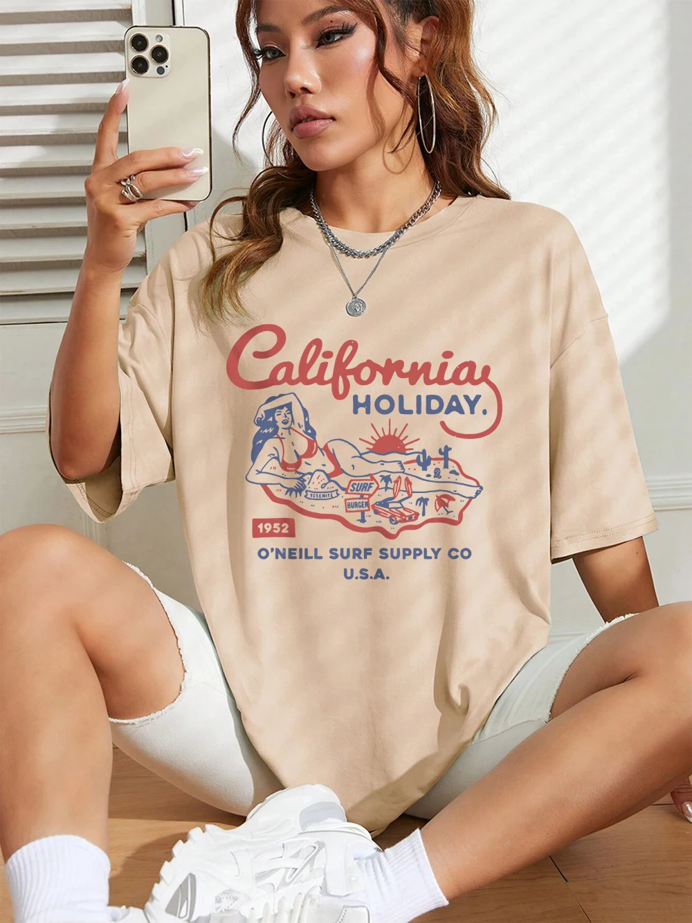 

California Holiday Usa Printing T-Shirts Womens Cotton Summer Short Sleeve Tees Comfortable Loose O-Neck Tops Casual Clothes