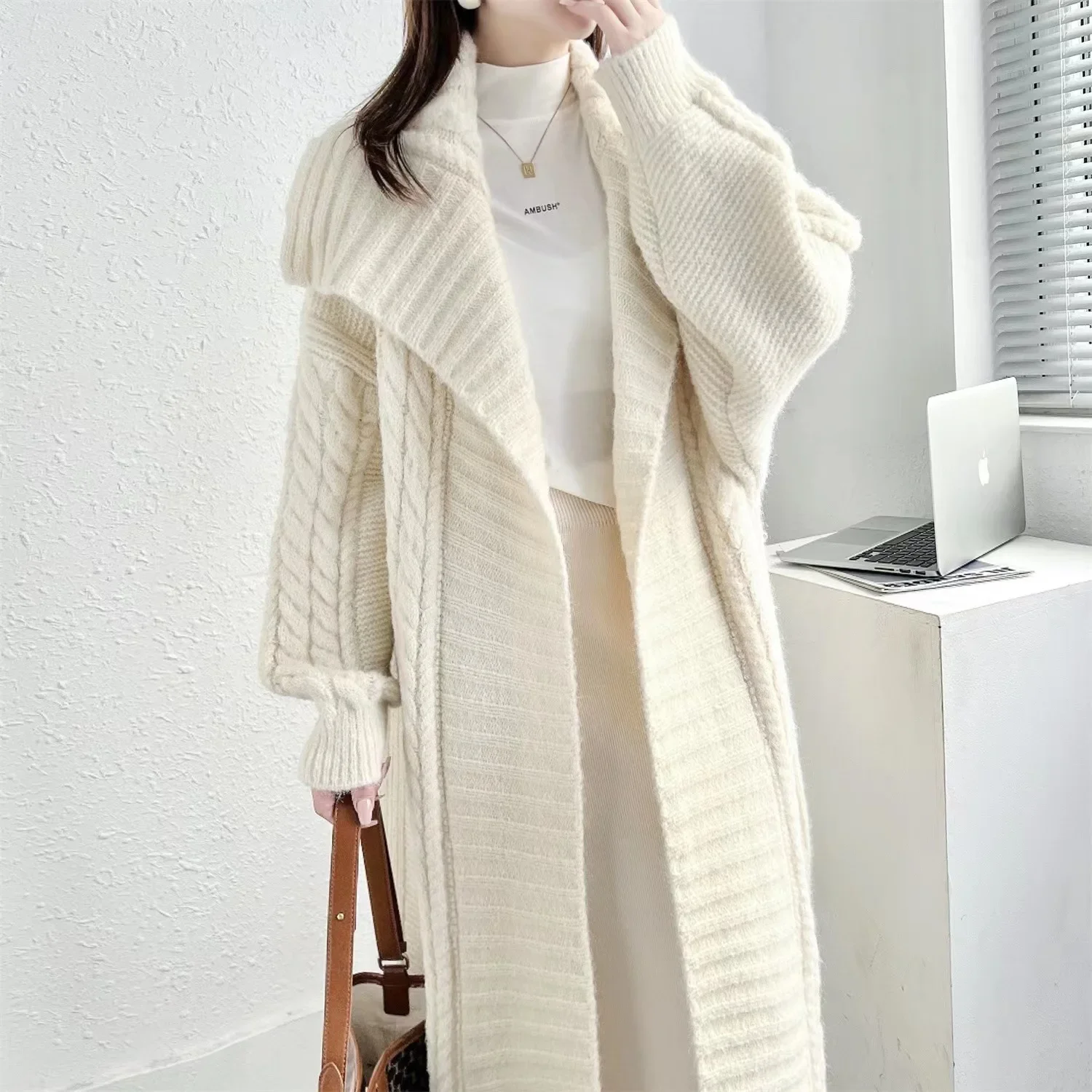 4 Color Women Mohair Striped Knitted Long Coat Loose Poncho Trench Autumn Winter Big Turn-down Neck Thick Warm Cardigan Cloak