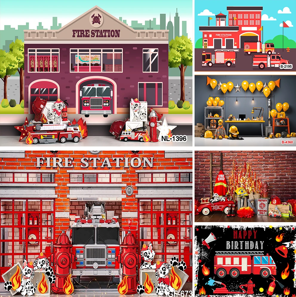 

Fire Station Photography Backdrop Fire Truck Caution Alarm Background Fireman for Baby Shower Boys Kids Birthday Party Decor