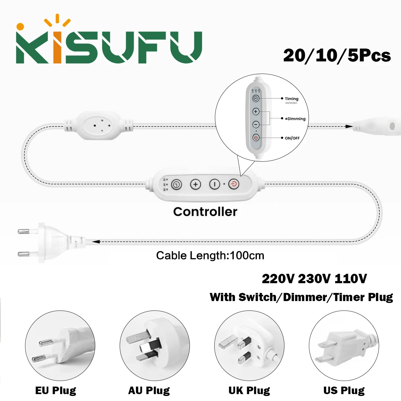 220V 230V 110V COB LED Strip 3Key Power Plug With Switch/Dimmer/Timer EU/UK/AU Dimmable Plug For 10MM Width COB LED Strip Light