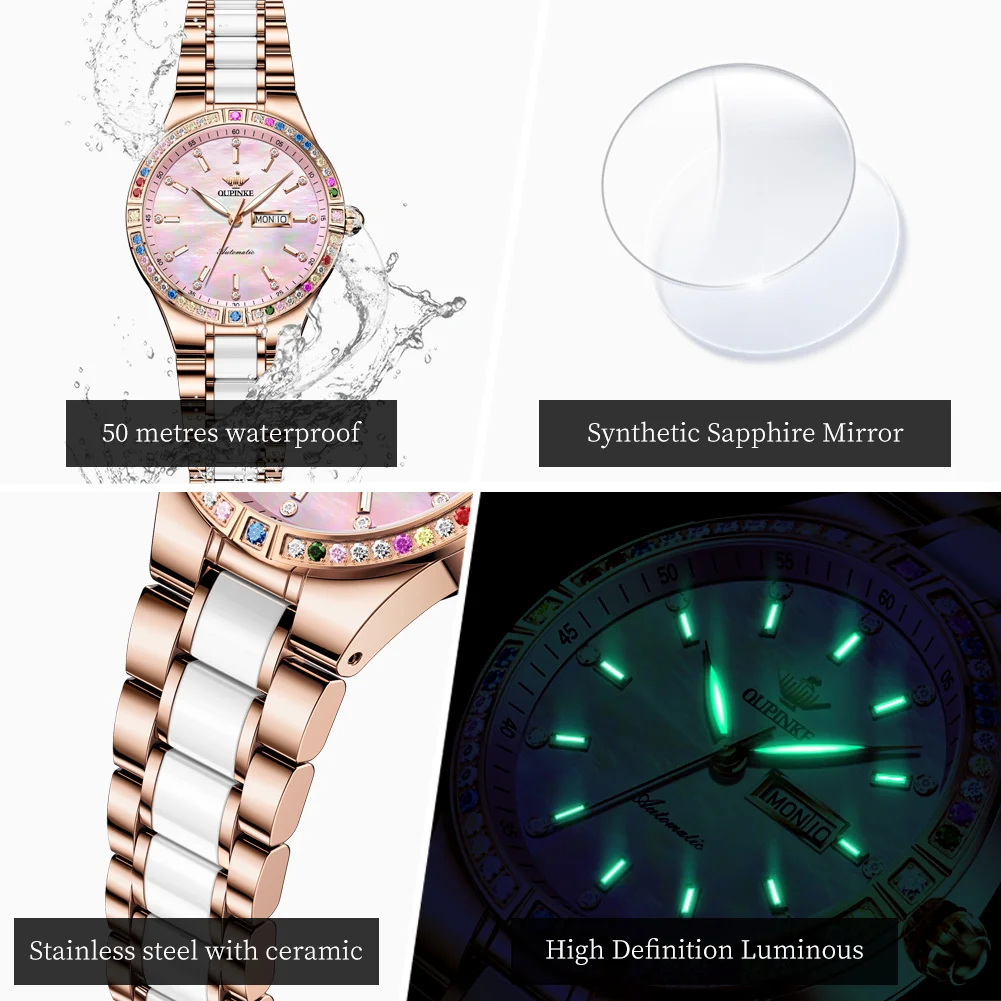 OUPINKE Original Luxury Automatic Watch for Women Waterproof Elegant Diamond Ceramic Ladies Wristwatch Import Mechanical Watches