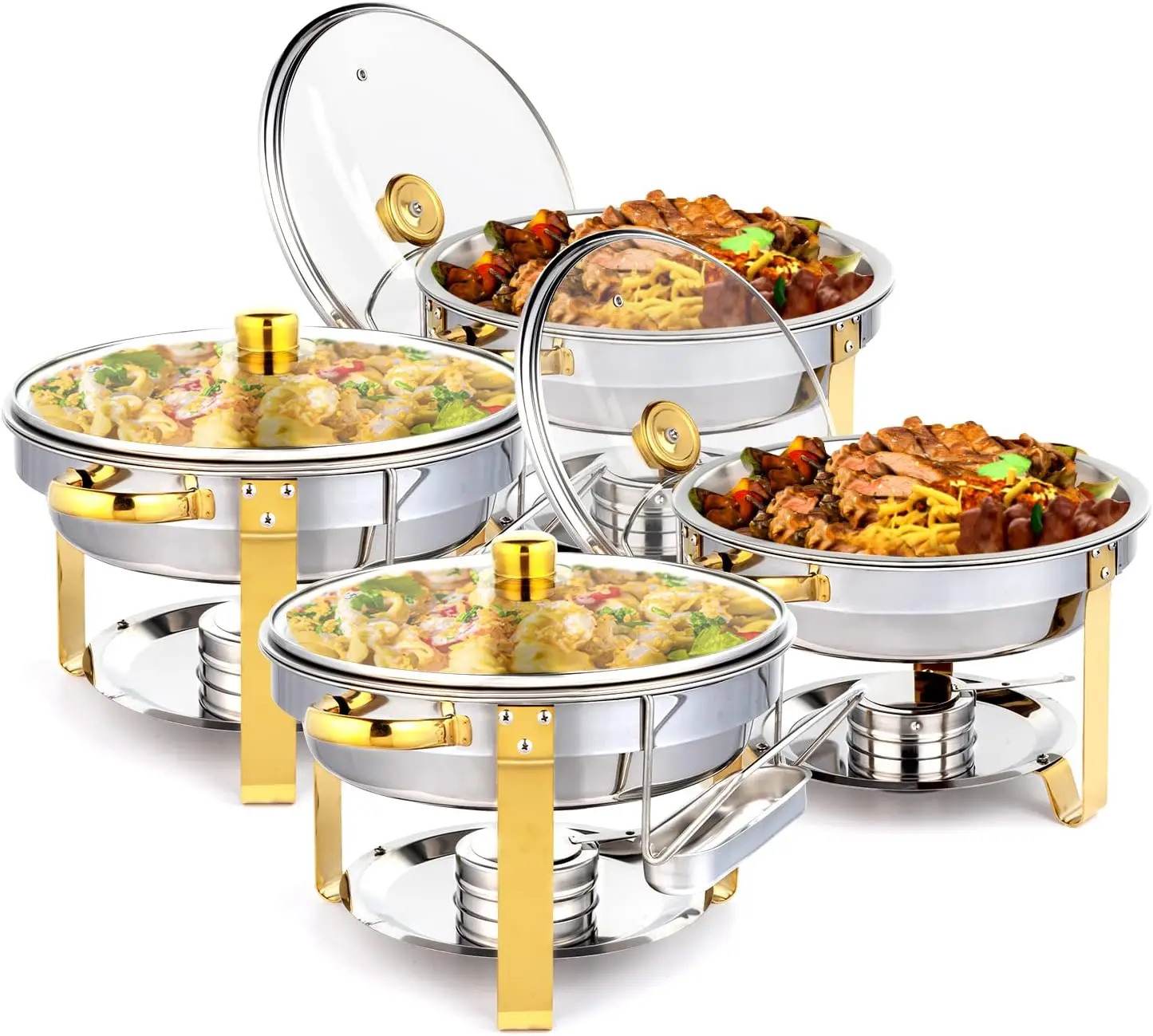 

5QT 4 Packs Chafing Dish Buffet Set Gold Accent, NSF Round Stainless Steel Buffet Warmer Chafers and Warmers Sets