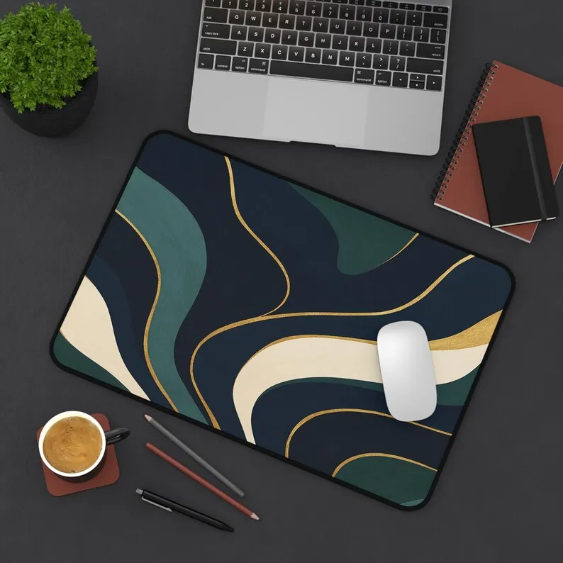 

Abstract Golden Wavy Lines Deskmat,teal Navy Cream Office Mousepad,student Gift, Holiday Gift,office Decoration Kawaii Desk Pad