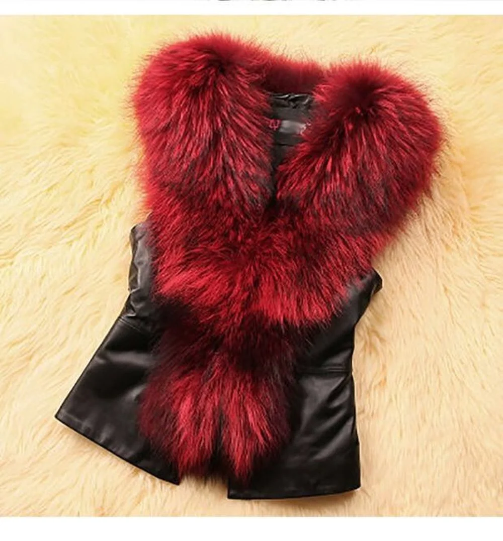 APIPEE Women Faux Rabbit Fur Vest With Raccoon Fur Collar Waistcoat/jackets Rex Rabbit Knitted Winter PU Vest Coat