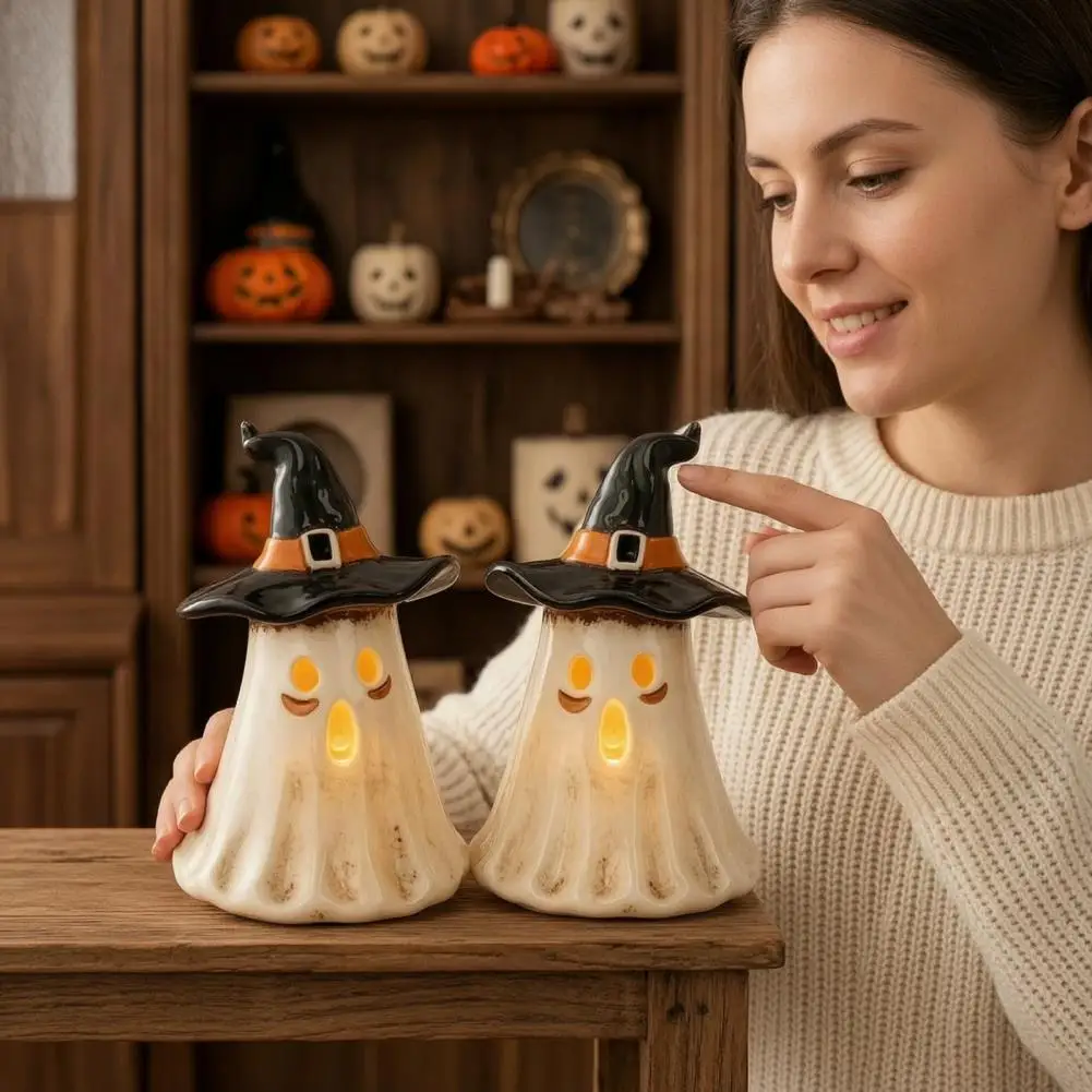 Halloween Ghost Decorations Decorative Ghost for Countertops Witch Hat Ghost Tealight Candle Holder Vintage Resin Halloween