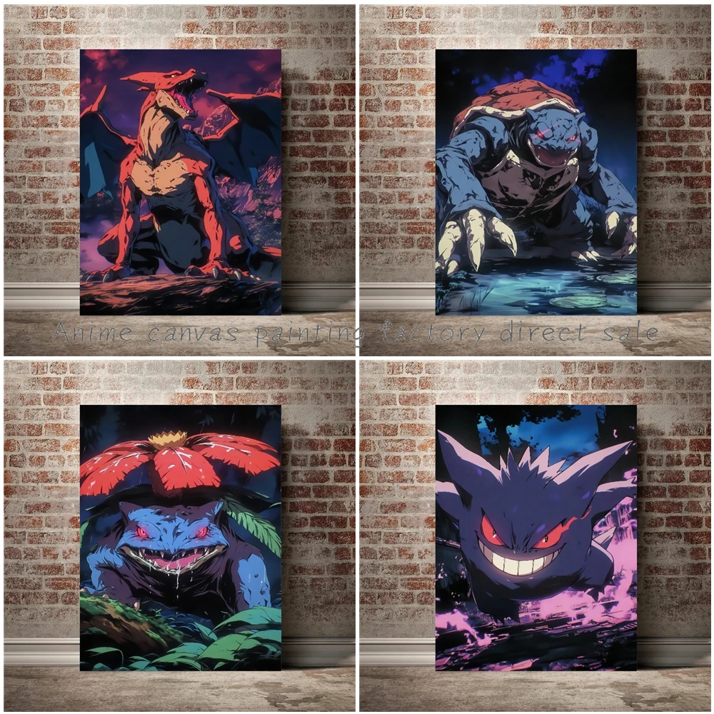 Pokemon Anime Pikachu and Eevee Peripheral Posters Modern Room Decoration Pictures Fire-breathing Dragon Canvas Painting Wall