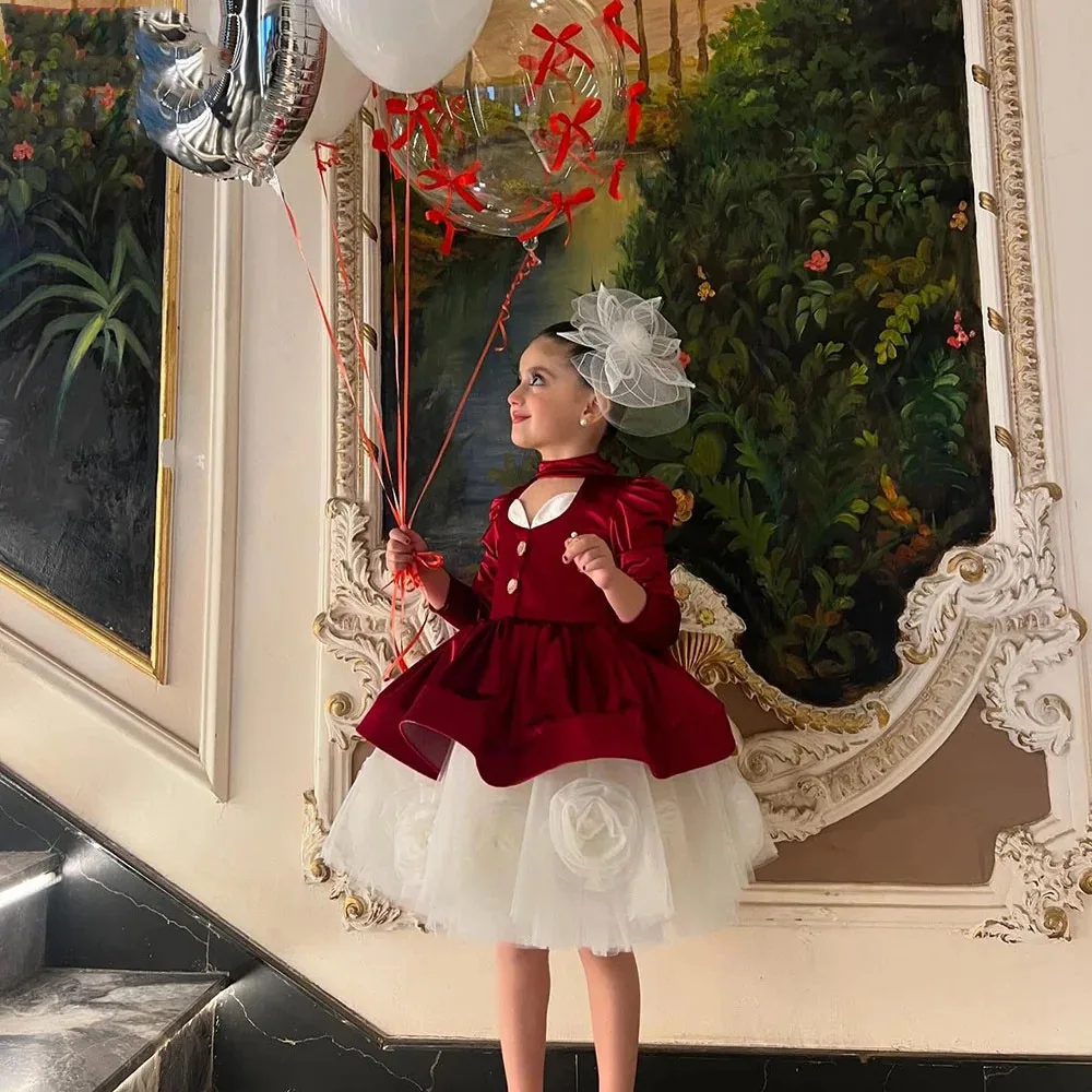 فساتين فتاة الزهور الحمراء المخصصة لحفلات الزفاف الساتان بأكمام طويلة ثلاثية الأبعاد منتفخ الأزهار الطفل الأحداث الرسمية مأدبة مساء ثوب الحفلات