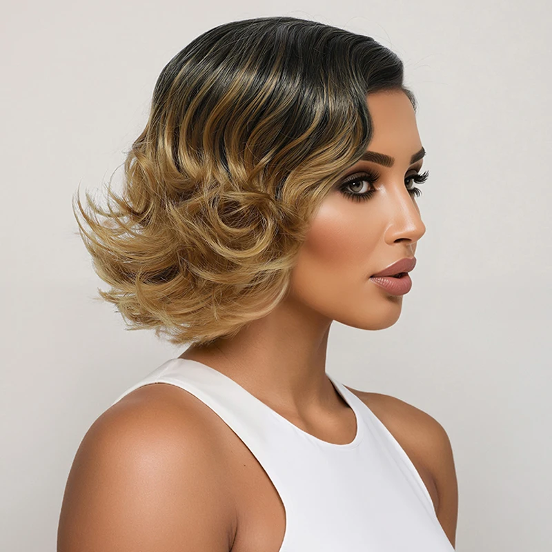 باروكة بمزاج أوروبي وأمريكي، باروكة شعر قصيرة مجعدة متدرجة للسيدات من الألياف الاصطناعية