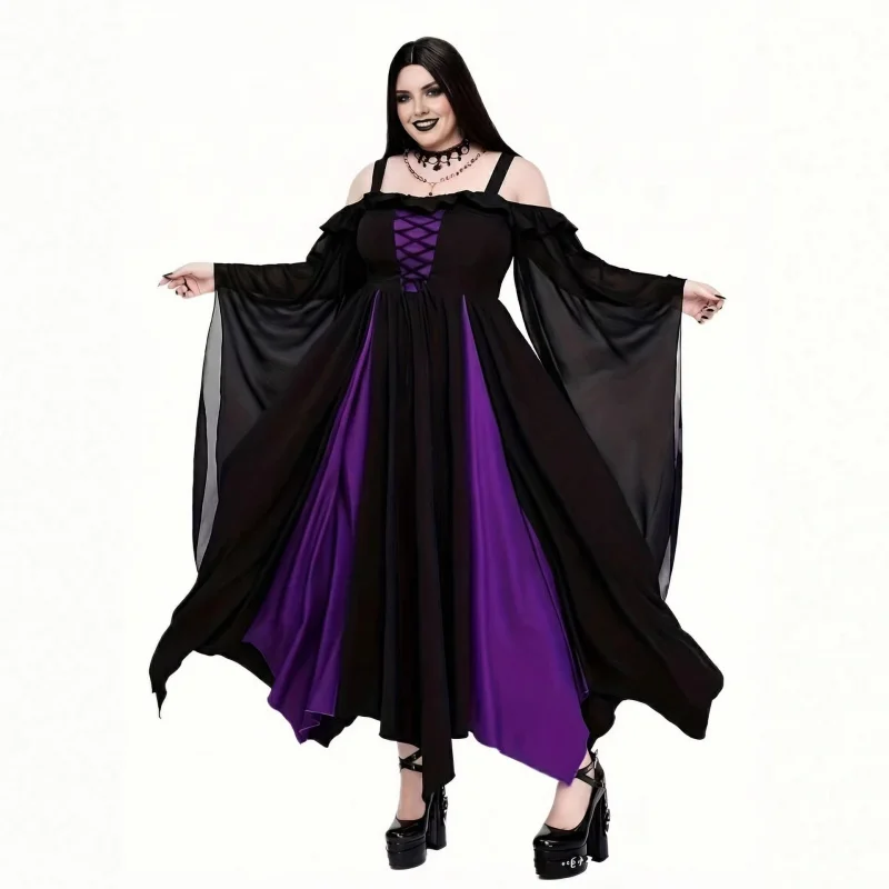 

Gothic Vampire Witch Dress Women Plus Size Off Shoulder Flare Sleeve Lace Up High Waist Asymmetrical Hem Cosplay Party Costume