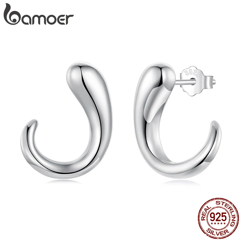 BAMOER 925 Sterling Silver Glossy Teardrop Stud Earrings Hypoallergenic Comma Hook Earrings for Women Minimalist Metallic Gift