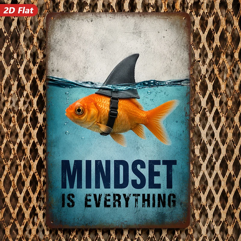 2D Flat, 1pc Metal Sign Wall Art, Mindset Is Everything Home Decor, Goldfish with Shark Fin Design, Inspirational Quote Art