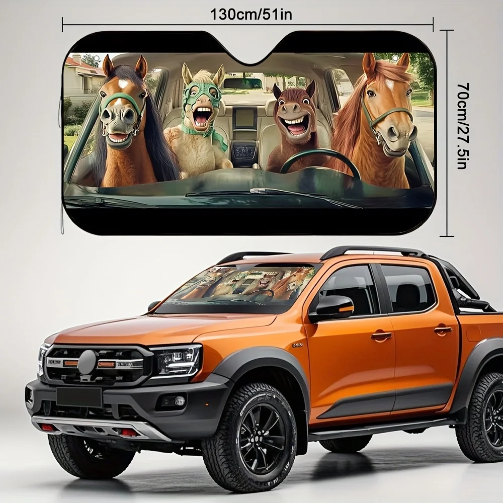 1pc Car Travel Four Horses Print Car Sunshade – Stylish & Cool, Includes 4 Suction Cups For Easy Setup, Foldable For Storage, Id