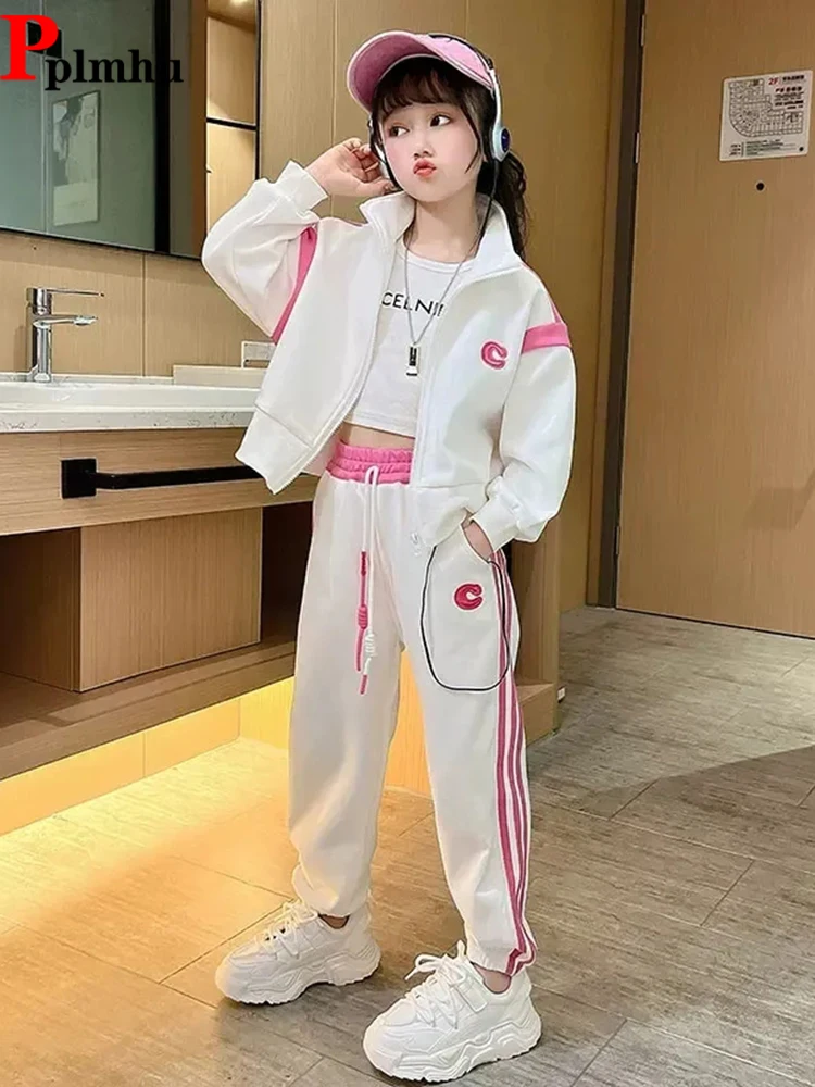 Fashion Tracksuit 2 Piece Set Girls Zipper Sweatshirts Jackets + Children Side Striped Jogger Pants Korean Kids Loose Conjuntos