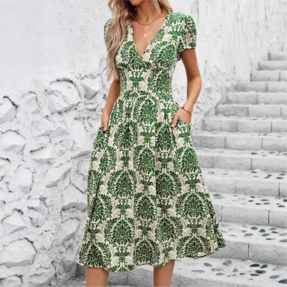 

Casualil A-line Dress Dresses For Ladies Vestidos Woman Temperament Retro Tighten The Waist V-link Printed Slim Vacation Holiday