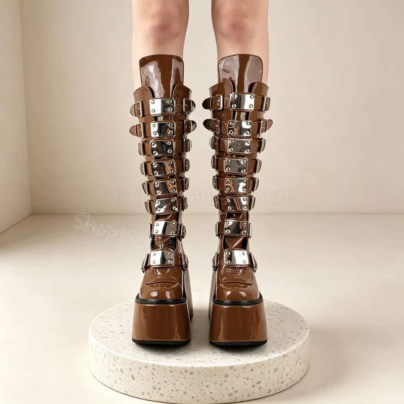 

Brown Buckle Wedges Heel Patent Leather Boots Back Zipper Women Shoes Round Toe New Party Feast Dating 2026 Zapatos Para Mujere
