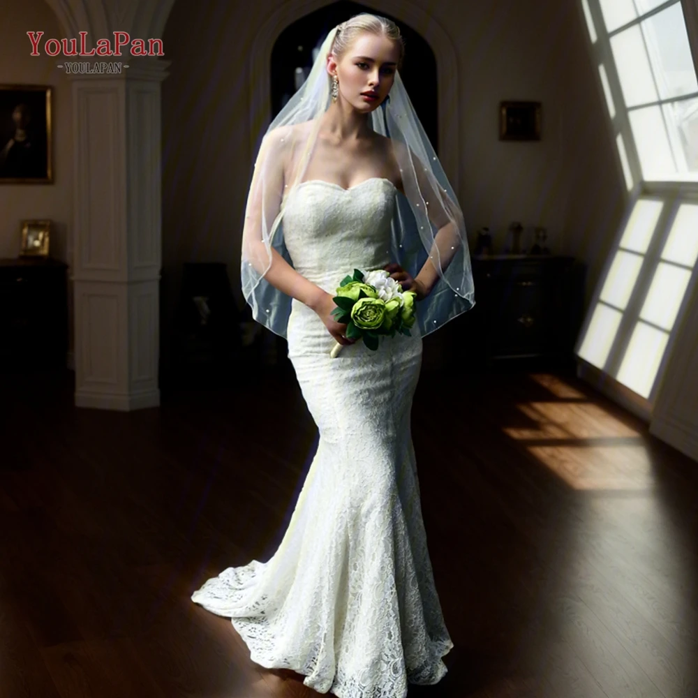 YouLaPan V06 1 Tier Bridal Veil with Comb Short Fingertip Length Bridal Veil Pearl Veil White Ivory Veil Wedding Accessories