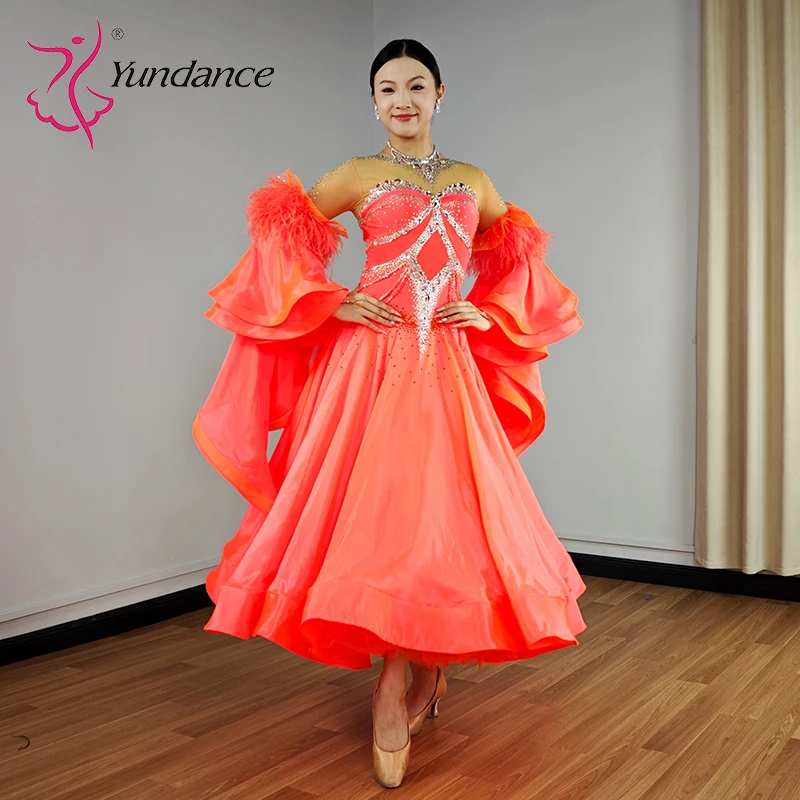 B-25093 Yundance حجر الراين وصول جديد القياسية الدولية قاعة الرقص فستان جودة عالية لهب فستان من الشيفون الساتان #5
