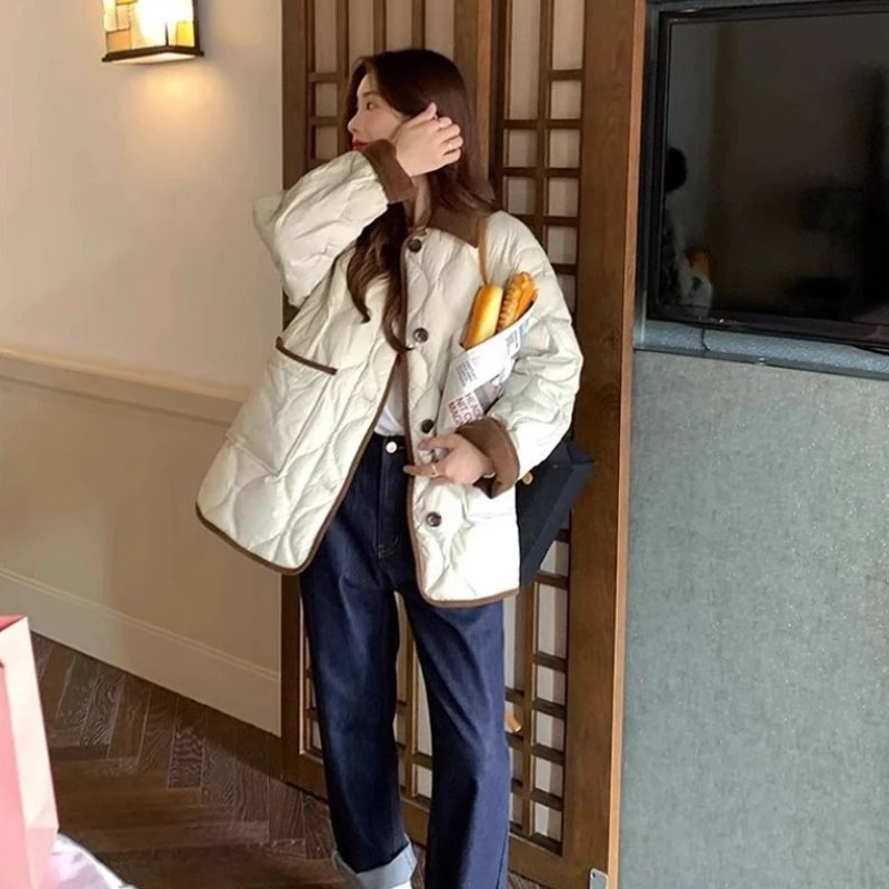 2025 delle nuove donne di arrivo Colorblock colletto di velluto a coste giacca di cotone allentato corto trapuntato cappotto invernale trapuntato tuta sportiva leggera