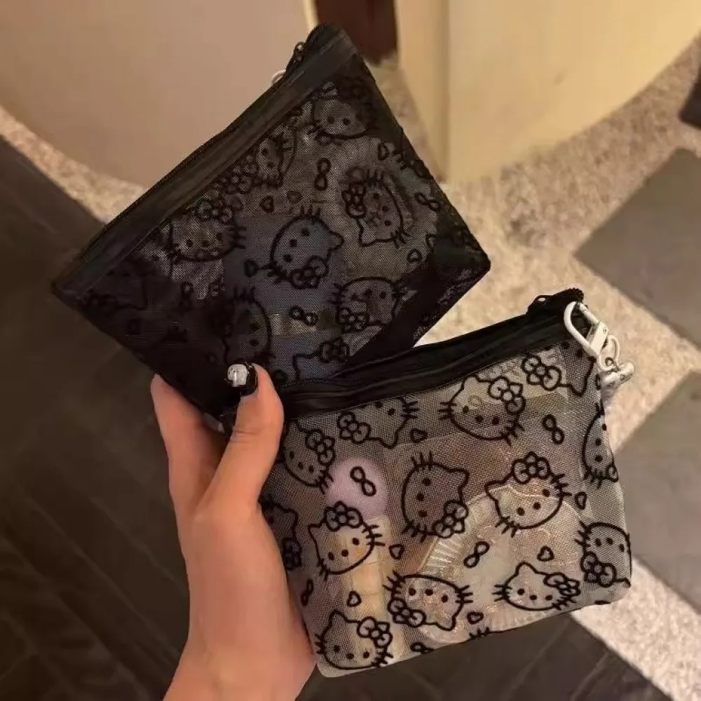 Simple touch-up bag kitty storage bag, large capacity, portable, black mesh hand makeup bag, cute and dirt-resistant