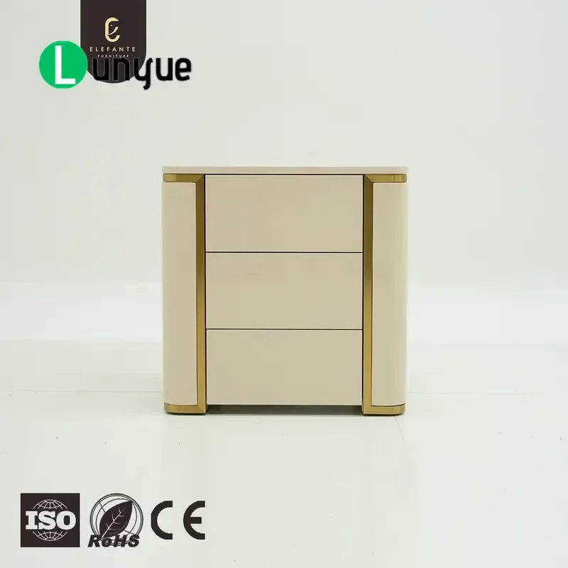 Elegant High Gloss Cream Bedside Table with Champagne Gold Trim 3 Drawers Luxury Nightstand for Villa Hotel Bedroom Furniture