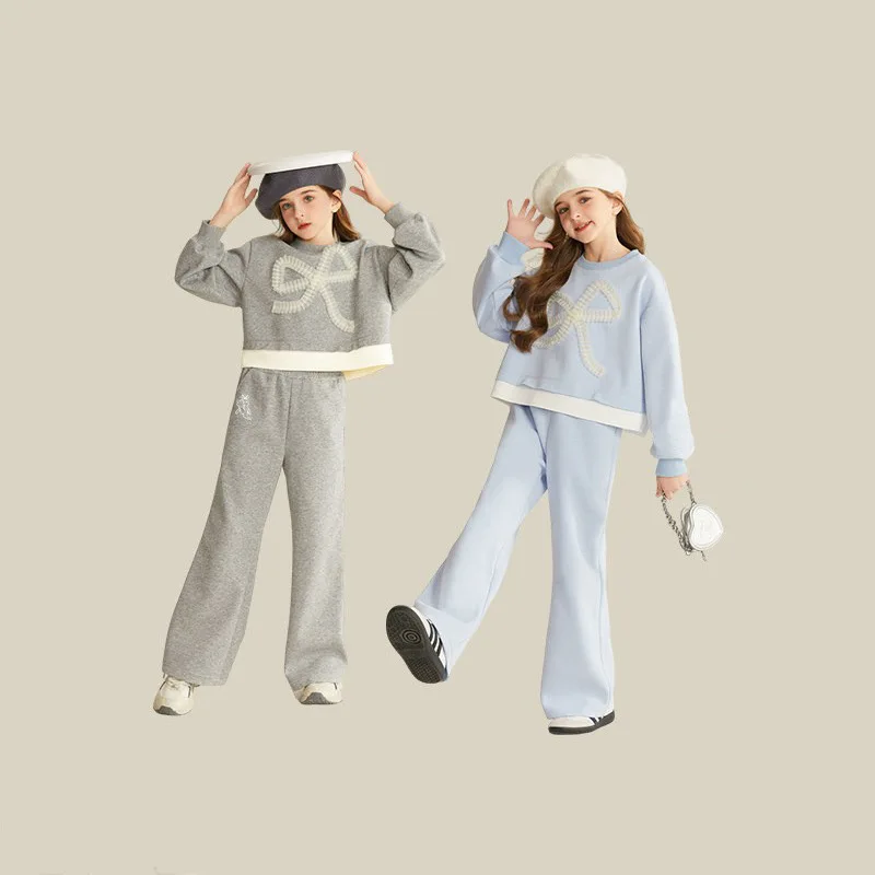 2026Spring and Autumn Children's Stylish Loose Casual Outfit for Older Girls, Sweet Bowknot Sweatshirt and Sweatpants Two-Piece