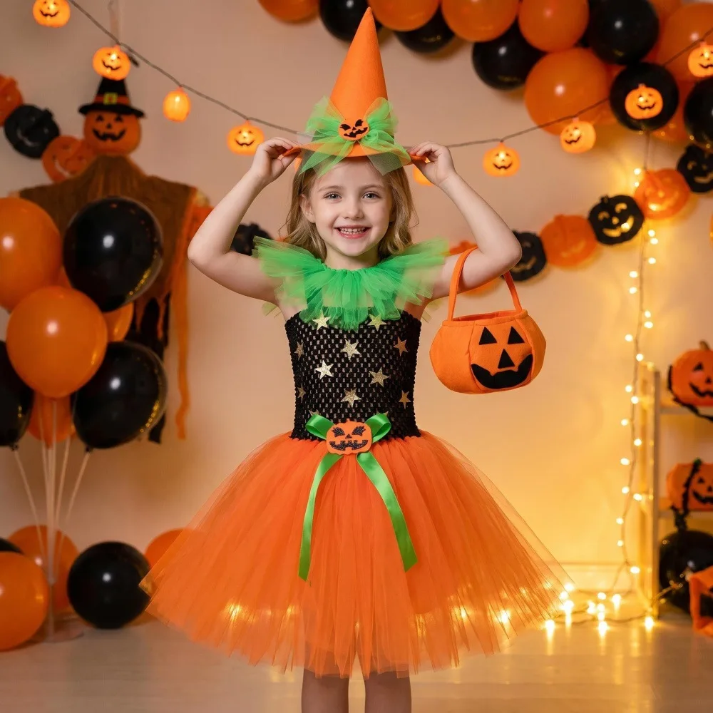 Halloween Girls Witch Style Mesh Tutu Dress Kids Fluffy Tulle Princess Dress Children Holiday Party Stage Birthday Daily Outfit