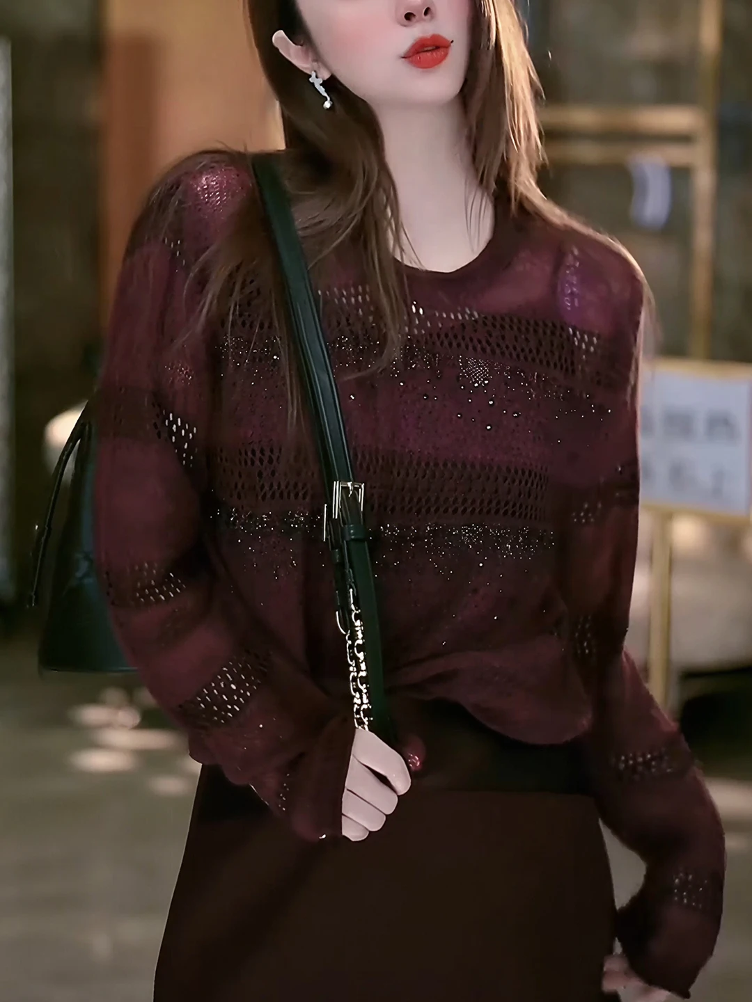 

Уникальный вязаный топ с вырезами и длинными рукавами, блестящий, модный, женский, осенняя новинка G72436