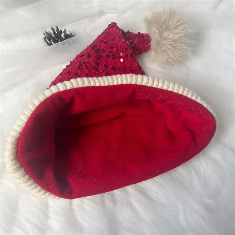 Gorro de Papá Noel, sombreros de Navidad, sombrero de fiesta de Navidad, gorro tejido con purpurina roja para adultos, mujeres, hombres, decoración de Año Nuevo, suministros para fiestas